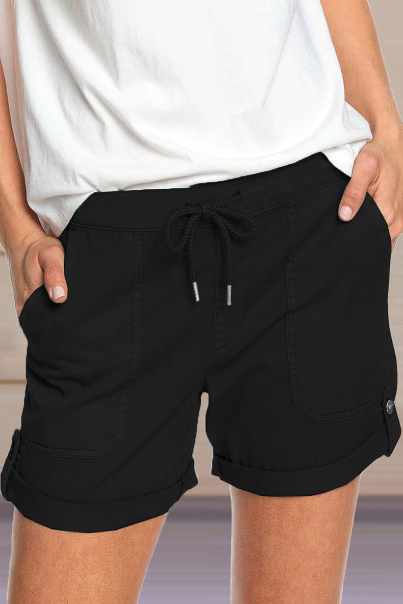 Women's shorts with adjustable waist drawstring and turned up hem