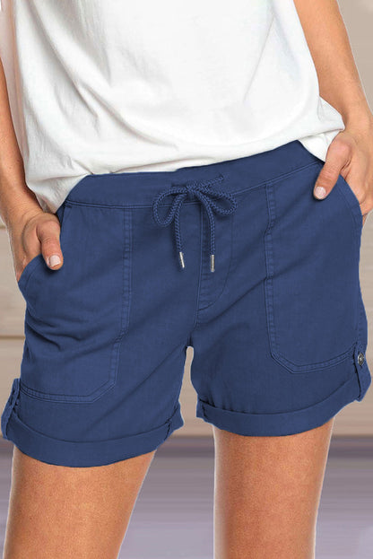 Women's shorts with adjustable waist drawstring and turned up hem