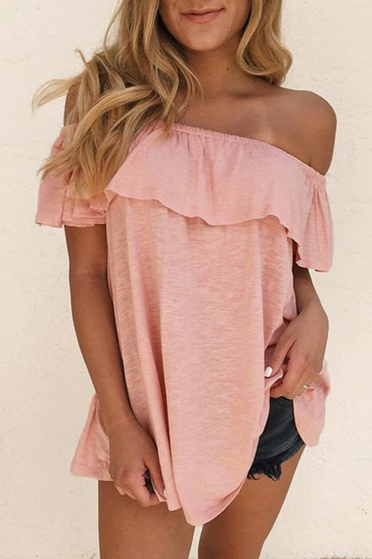 Women's Off-Shoulder Blouse - Relaxed Fit - Ruffle Detail - Short Sleeve Casual Wear