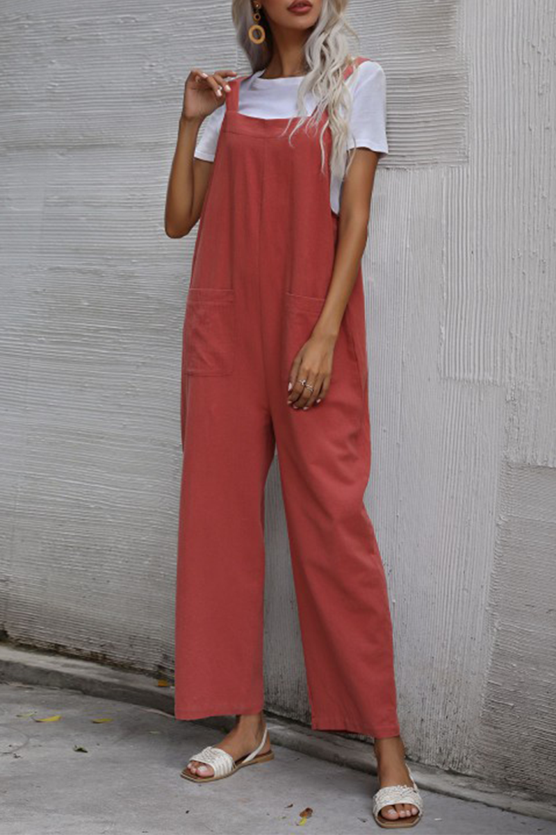 Breanna - casual effen zak knoop rechte jumpsuit