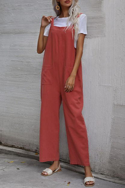 Women's casual plain pocket button straight jumpsuit