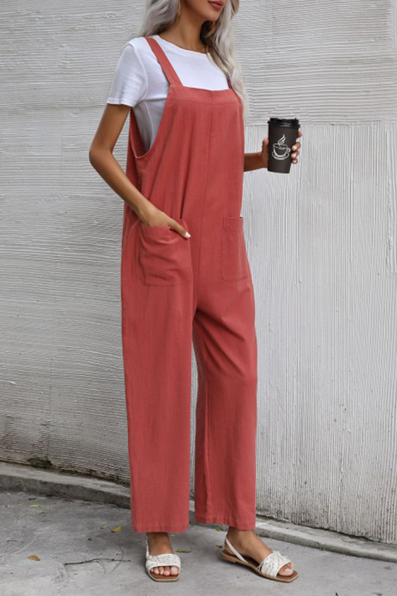 Women's casual plain pocket button straight jumpsuit