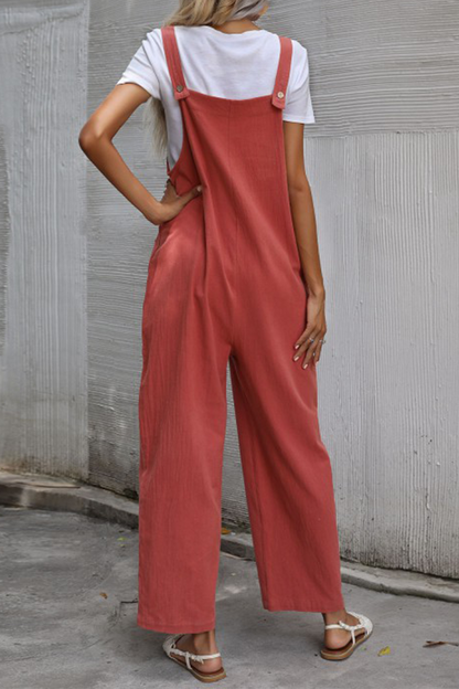 Women's casual plain pocket button straight jumpsuit