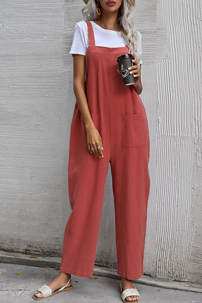 Women's casual plain pocket button straight jumpsuit