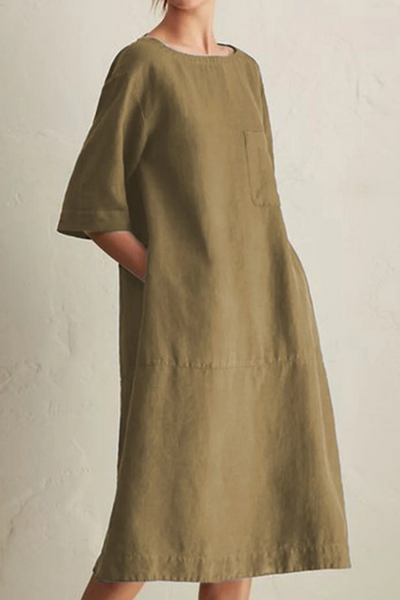 Women's Knee-Length Dress - Loose Fit - Half Sleeve - Round Neck - Breathable Linen
