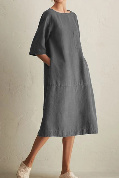 Women's Knee-Length Dress - Loose Fit - Half Sleeve - Round Neck - Breathable Linen