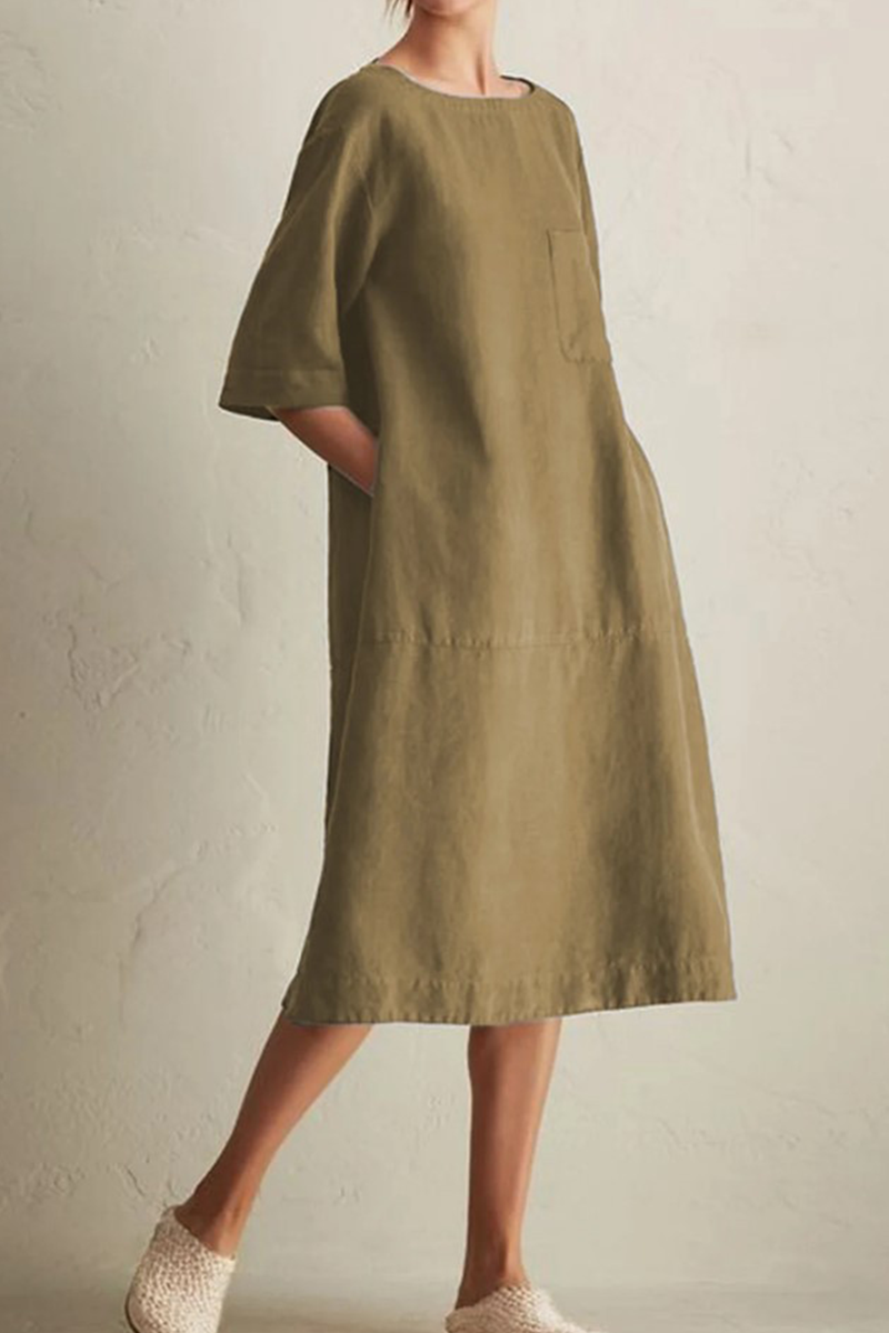 Women's Knee-Length Dress - Loose Fit - Half Sleeve - Round Neck - Breathable Linen
