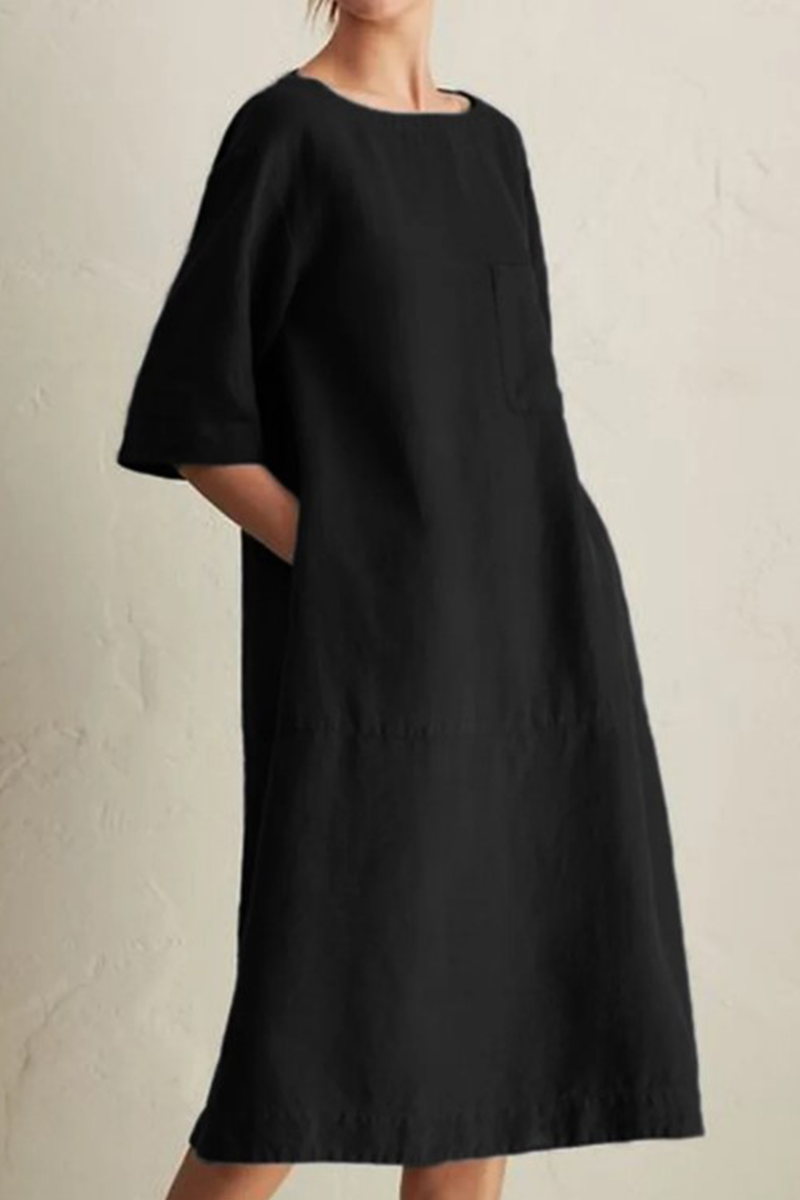 Women's Knee-Length Dress - Loose Fit - Half Sleeve - Round Neck - Breathable Linen