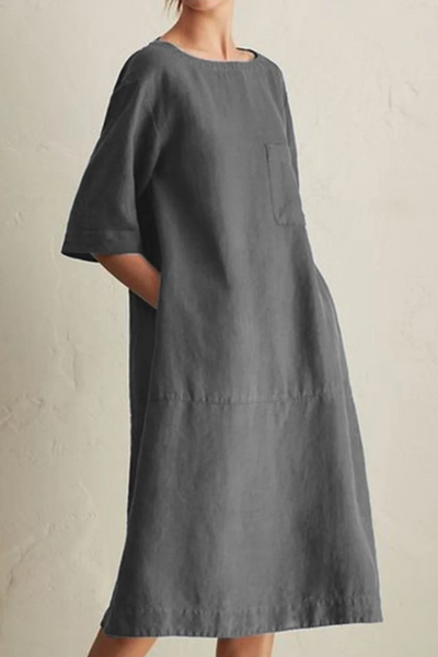 Women's Knee-Length Dress - Loose Fit - Half Sleeve - Round Neck - Breathable Linen