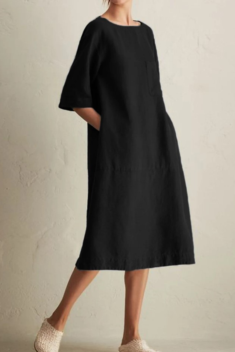 Women's Knee-Length Dress - Loose Fit - Half Sleeve - Round Neck - Breathable Linen