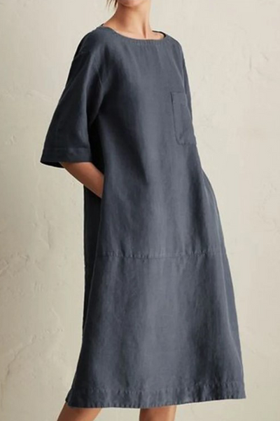 Women's Knee-Length Dress - Loose Fit - Half Sleeve - Round Neck - Breathable Linen