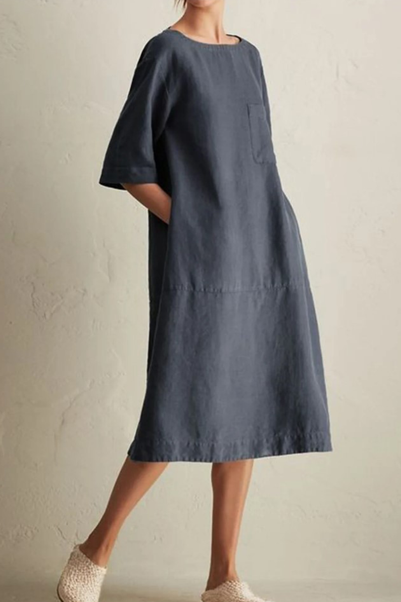 Women's Knee-Length Dress - Loose Fit - Half Sleeve - Round Neck - Breathable Linen