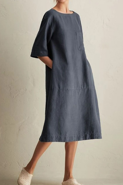Women's Knee-Length Dress - Loose Fit - Half Sleeve - Round Neck - Breathable Linen