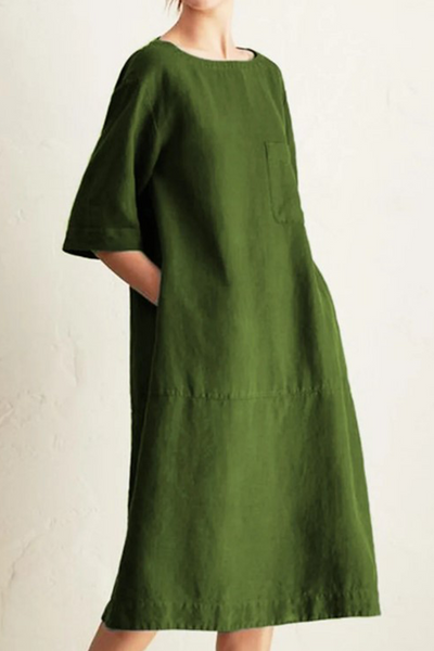 Women's Knee-Length Dress - Loose Fit - Half Sleeve - Round Neck - Breathable Linen