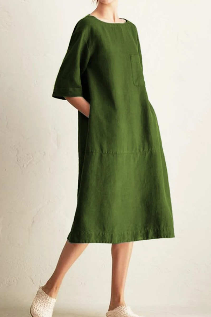 Women's Knee-Length Dress - Loose Fit - Half Sleeve - Round Neck - Breathable Linen