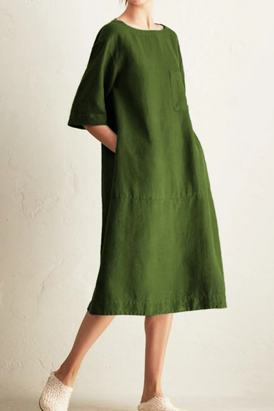 Women's Knee-Length Dress - Loose Fit - Half Sleeve - Round Neck - Breathable Linen
