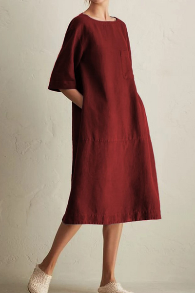 Women's Knee-Length Dress - Loose Fit - Half Sleeve - Round Neck - Breathable Linen