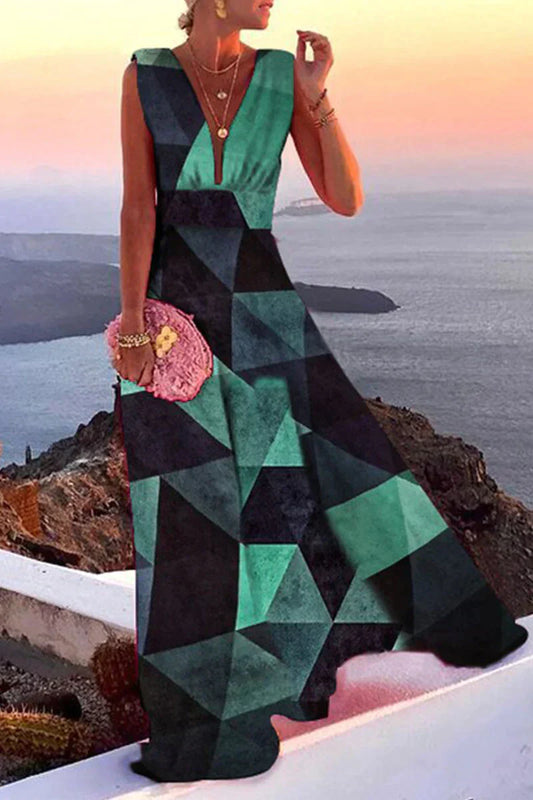 Women’s Maxi Dress – Flowing Fit – Deep V-Neck – Sleeveless – Geometric Pattern – Cotton Blend