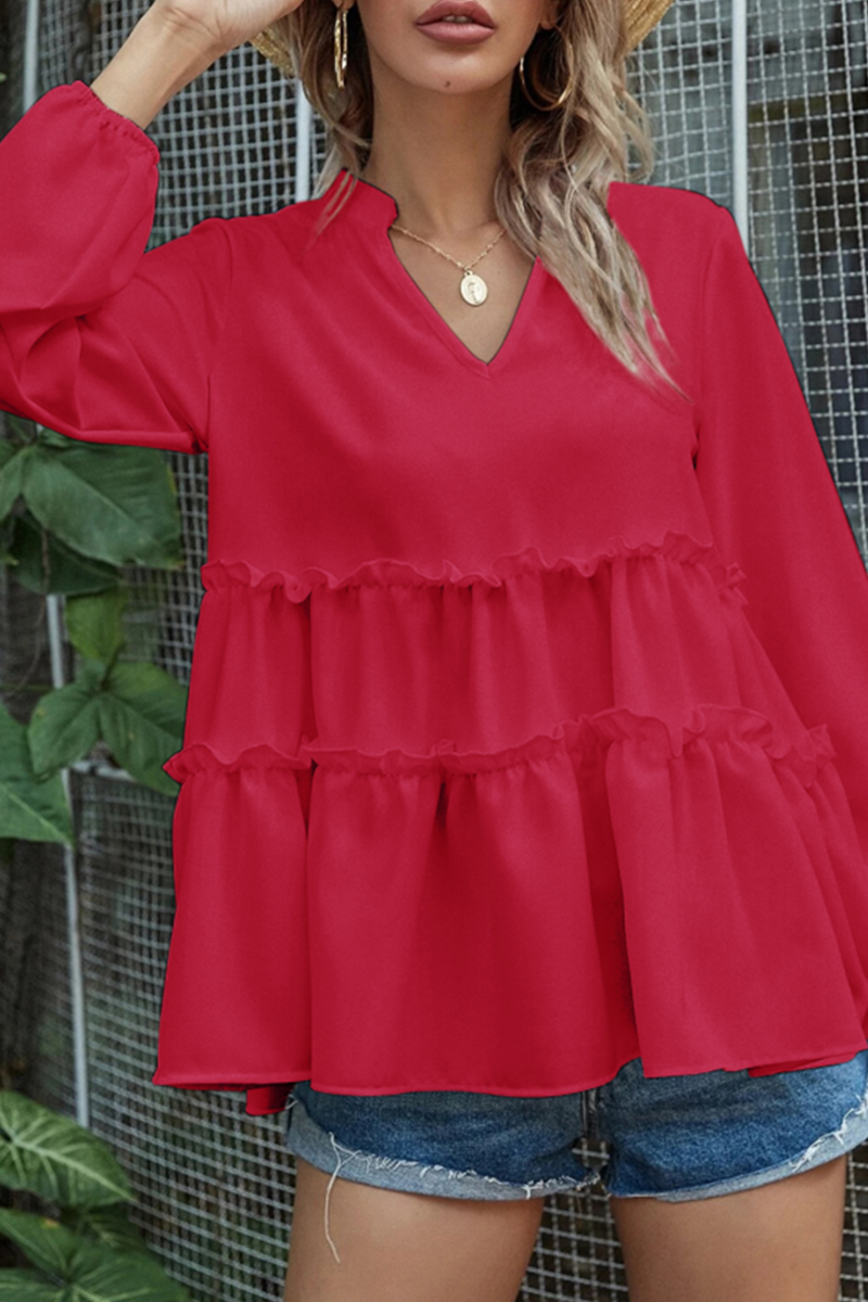 Women's v-neck tops with split joint and ruffles