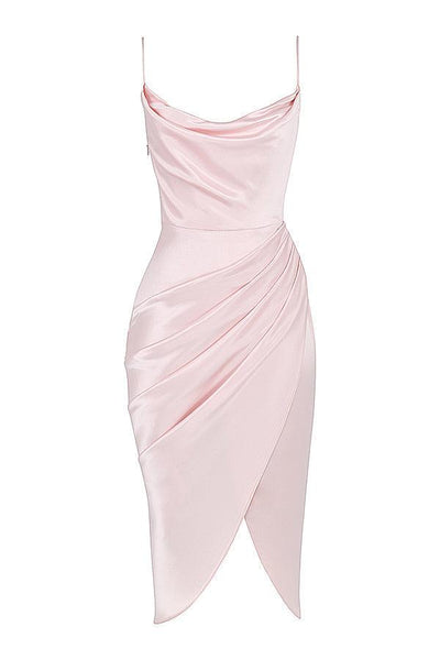 Women’s Midi Dress – Cowl Neck – Spaghetti Straps – High Slit – Draped Waist Detail