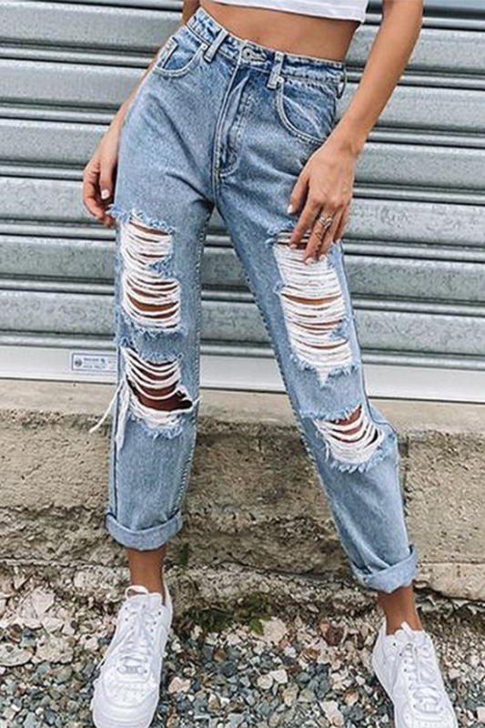 Women's worn straight leg jeans