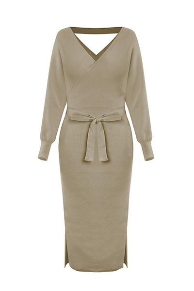 Women's Wrap Sweater Dress - Knitted Fabric - V-Neck - Bodycon Fit - Midi Length with Belt