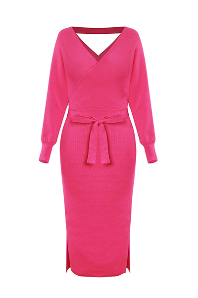 Women's Wrap Sweater Dress - Knitted Fabric - V-Neck - Bodycon Fit - Midi Length with Belt