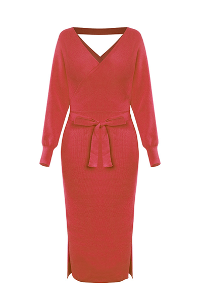 Women's Wrap Sweater Dress - Knitted Fabric - V-Neck - Bodycon Fit - Midi Length with Belt