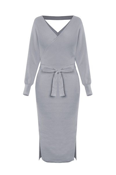 Women's Wrap Sweater Dress - Knitted Fabric - V-Neck - Bodycon Fit - Midi Length with Belt