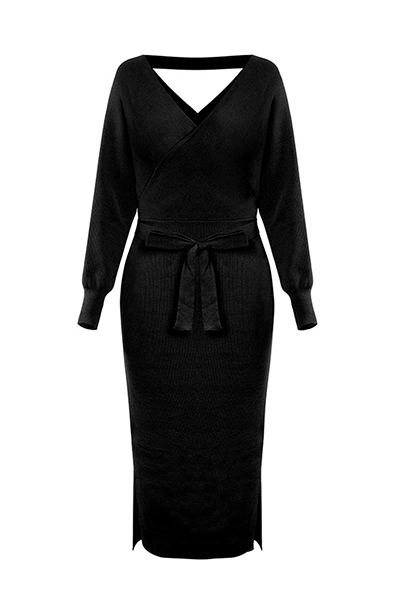 Women's Wrap Sweater Dress - Knitted Fabric - V-Neck - Bodycon Fit - Midi Length with Belt