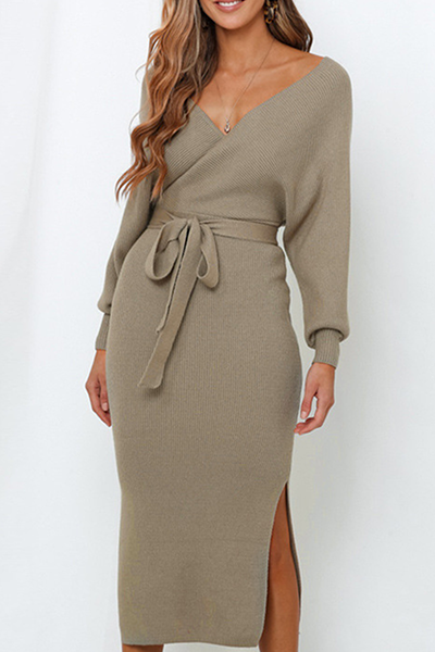 Women's Wrap Sweater Dress - Knitted Fabric - V-Neck - Bodycon Fit - Midi Length with Belt