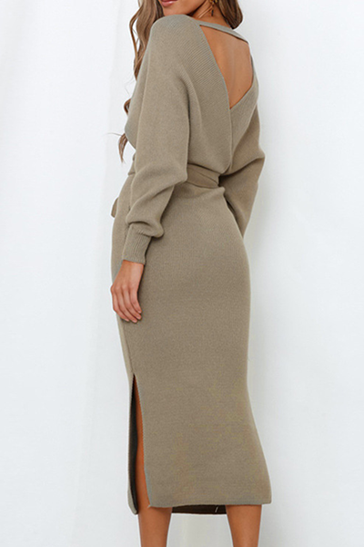 Women's Wrap Sweater Dress - Knitted Fabric - V-Neck - Bodycon Fit - Midi Length with Belt