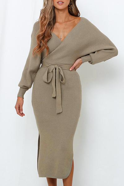 Women's Wrap Sweater Dress - Knitted Fabric - V-Neck - Bodycon Fit - Midi Length with Belt