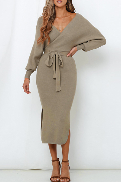 Women's Wrap Sweater Dress - Knitted Fabric - V-Neck - Bodycon Fit - Midi Length with Belt