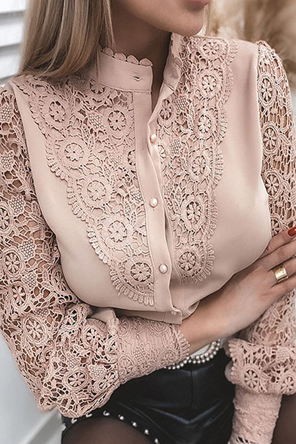 Women's elegant lace cut out buckle mandarin collar tops