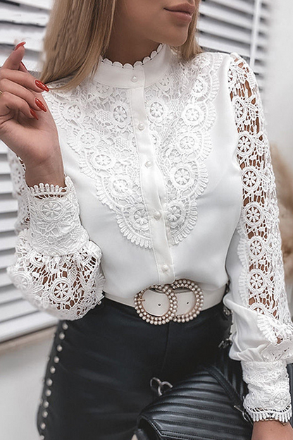 Women's elegant lace cut out buckle mandarin collar tops