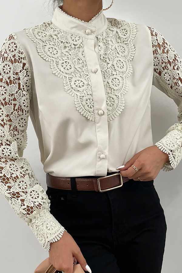 Women's elegant lace cut out buckle mandarin collar tops