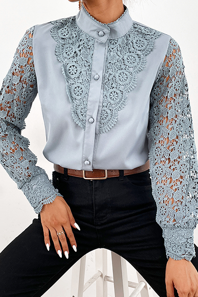 Women's elegant lace cut out buckle mandarin collar tops