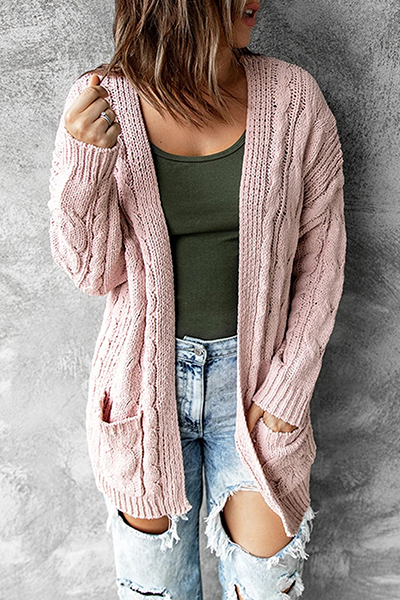 Women's Knitted Cardigan - Longline Open Front - Cable Knit with Pockets