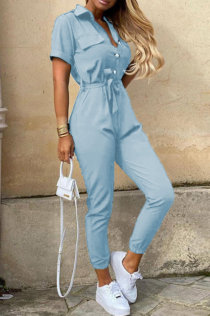 Women's jumpsuit with belt and shawl collar