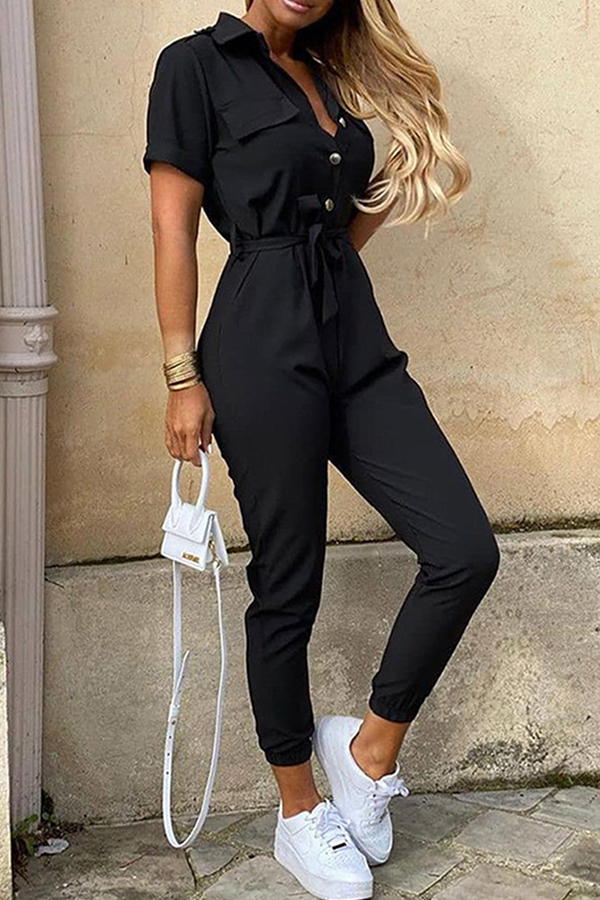 Women's jumpsuit with belt and shawl collar