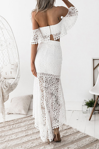 Women's Lace Two-Piece Set - Off-Shoulder Crop Top & High-Waisted Skirt - Elegant Occasion Wear