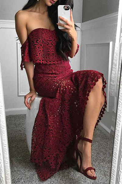 Women's Lace Two-Piece Set - Off-Shoulder Crop Top & High-Waisted Skirt - Elegant Occasion Wear