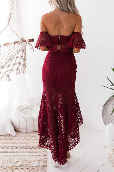 Women's Lace Two-Piece Set - Off-Shoulder Crop Top & High-Waisted Skirt - Elegant Occasion Wear