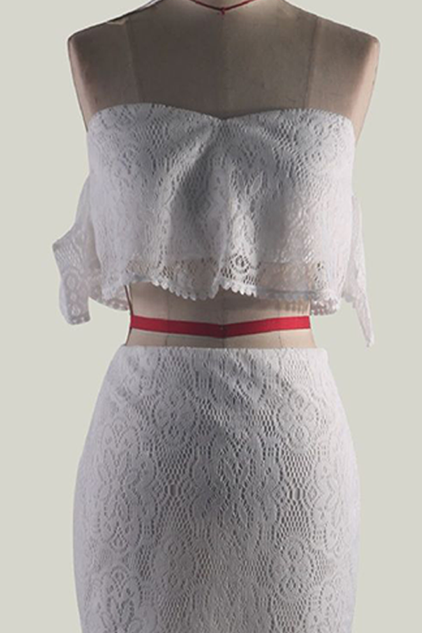 Women's Lace Two-Piece Set - Off-Shoulder Crop Top & High-Waisted Skirt - Elegant Occasion Wear
