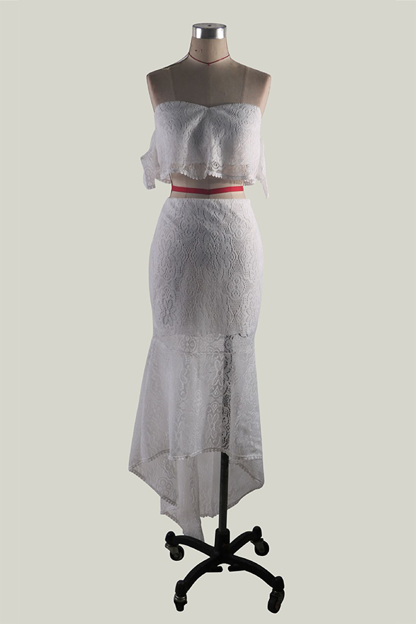 Women's Lace Two-Piece Set - Off-Shoulder Crop Top & High-Waisted Skirt - Elegant Occasion Wear