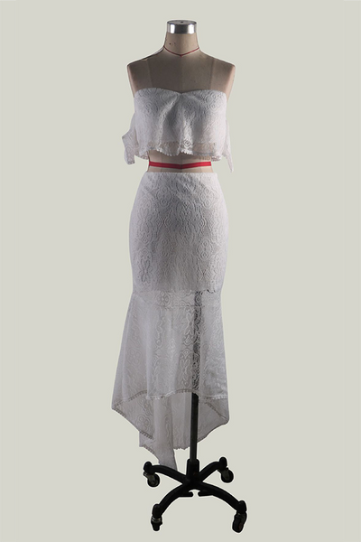 Women's Lace Two-Piece Set - Off-Shoulder Crop Top & High-Waisted Skirt - Elegant Occasion Wear