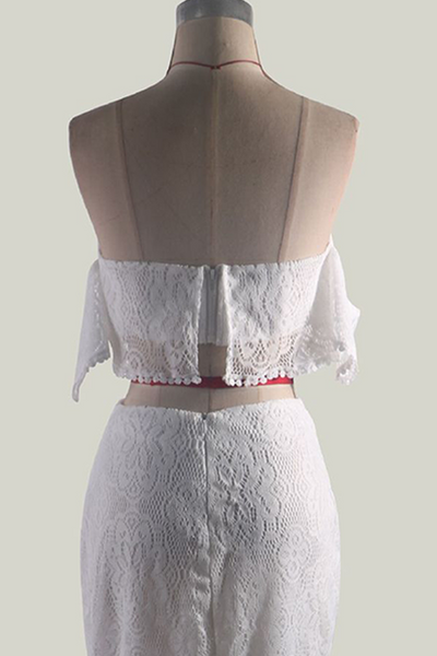 Women's Lace Two-Piece Set - Off-Shoulder Crop Top & High-Waisted Skirt - Elegant Occasion Wear