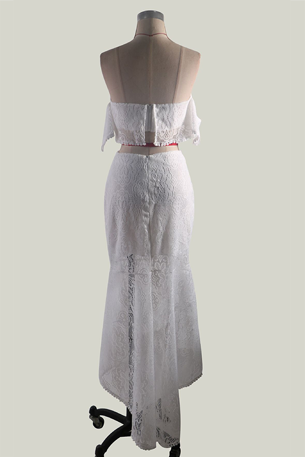 Women's Lace Two-Piece Set - Off-Shoulder Crop Top & High-Waisted Skirt - Elegant Occasion Wear