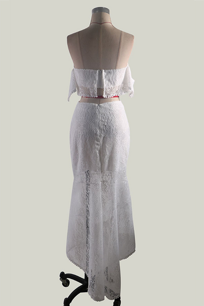 Women's Lace Two-Piece Set - Off-Shoulder Crop Top & High-Waisted Skirt - Elegant Occasion Wear